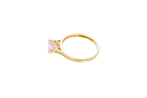 14KT Gold Women's Ring Octagon Rose Mini 4 Prong Rose Pink CZ Center Stone with Round White Pave CZ Stone Band