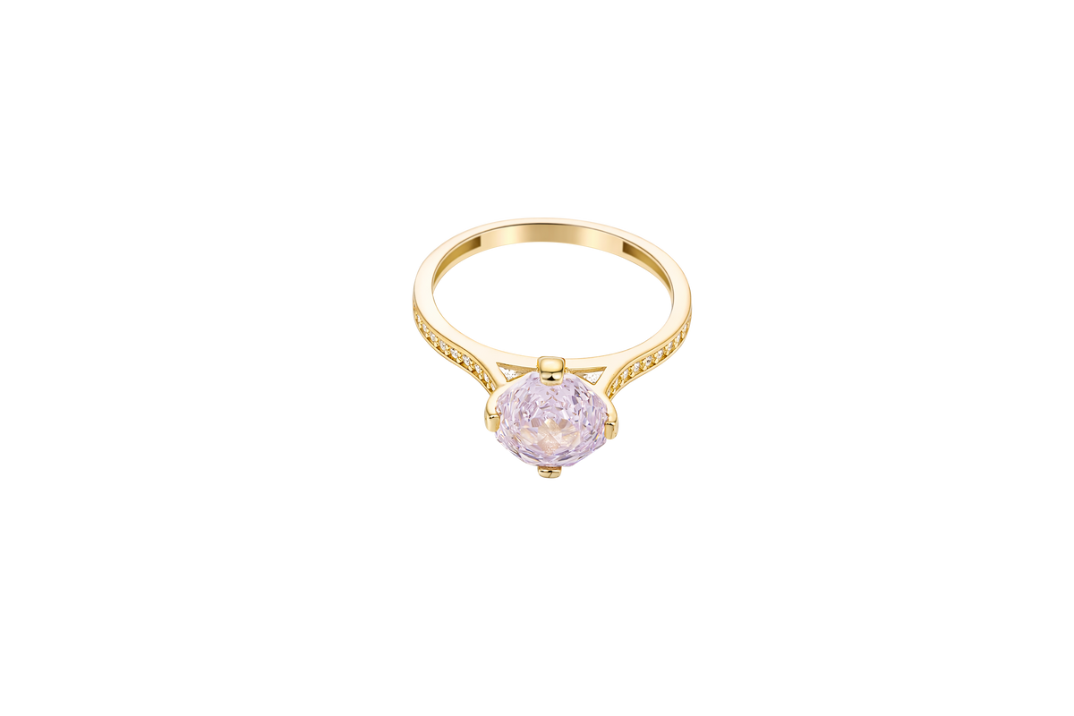 14KT Gold Women's Ring Octagon Rose Mini 4 Prong Rose Pink CZ Center Stone with Round White Pave CZ Stone Band