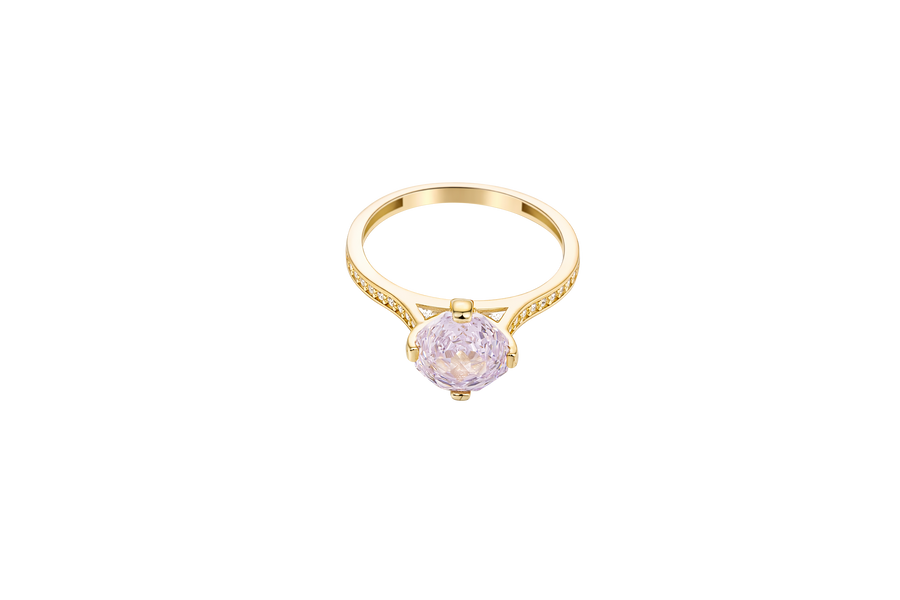 14KT Gold Women's Ring Octagon Rose Mini 4 Prong Rose Pink CZ Center Stone with Round White Pave CZ Stone Band