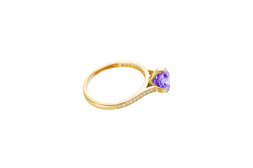 14KT Gold Women's Ring Octagon Rose Mini 4 Prong Purple CZ Center Stone with Round White Pave CZ Stone Band