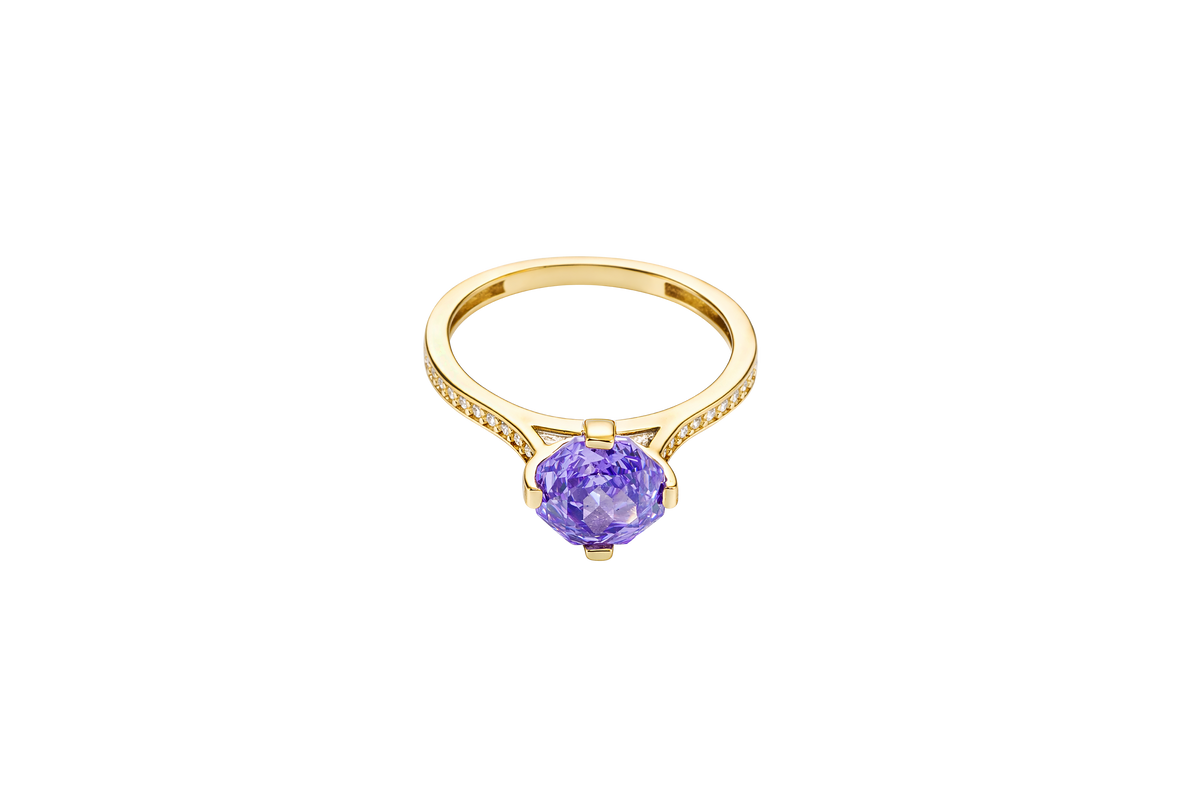 14KT Gold Women's Ring Octagon Rose Mini 4 Prong Purple CZ Center Stone with Round White Pave CZ Stone Band