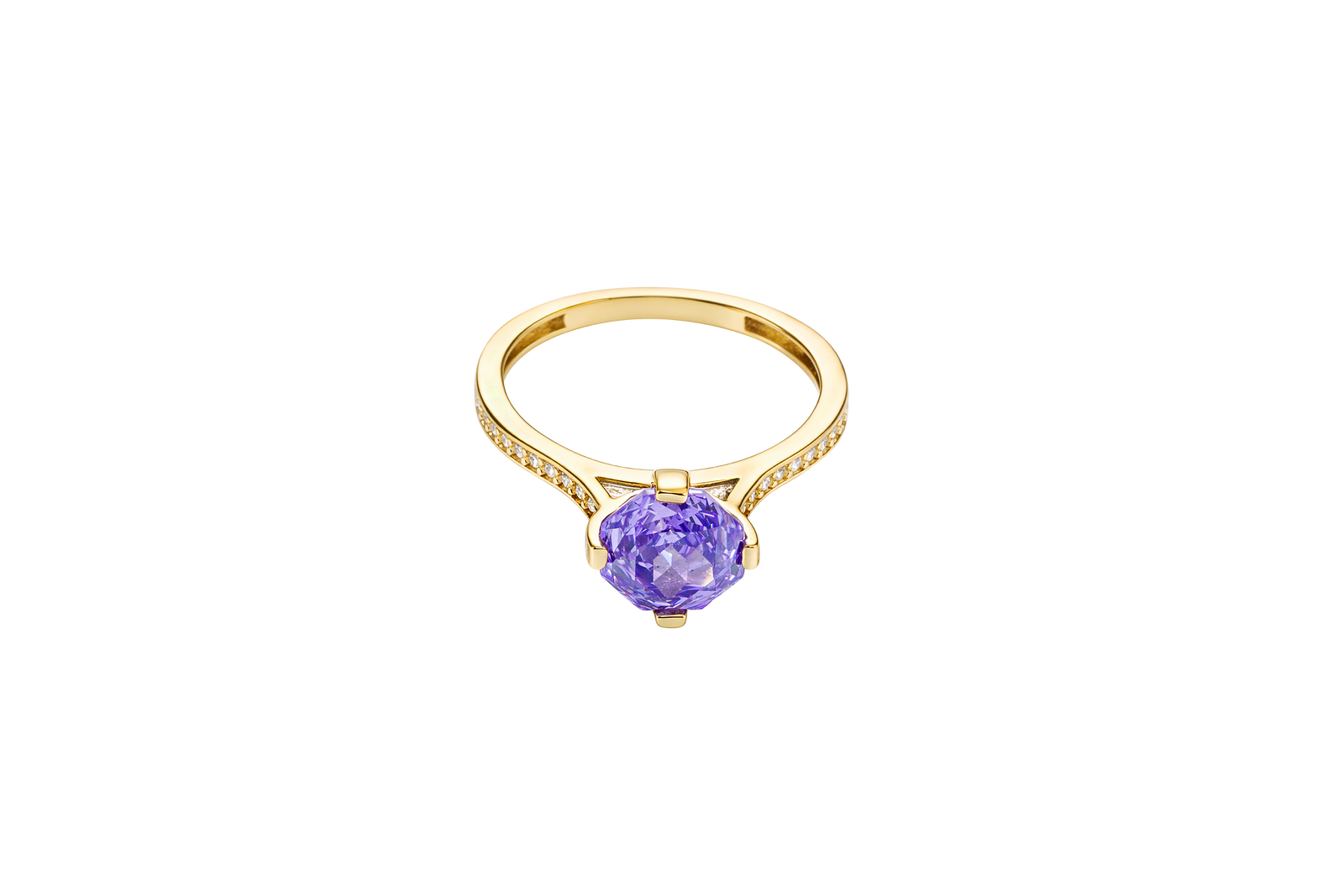 14KT Gold Women's Ring Octagon Rose Mini 4 Prong Purple CZ Center Stone with Round White Pave CZ Stone Band