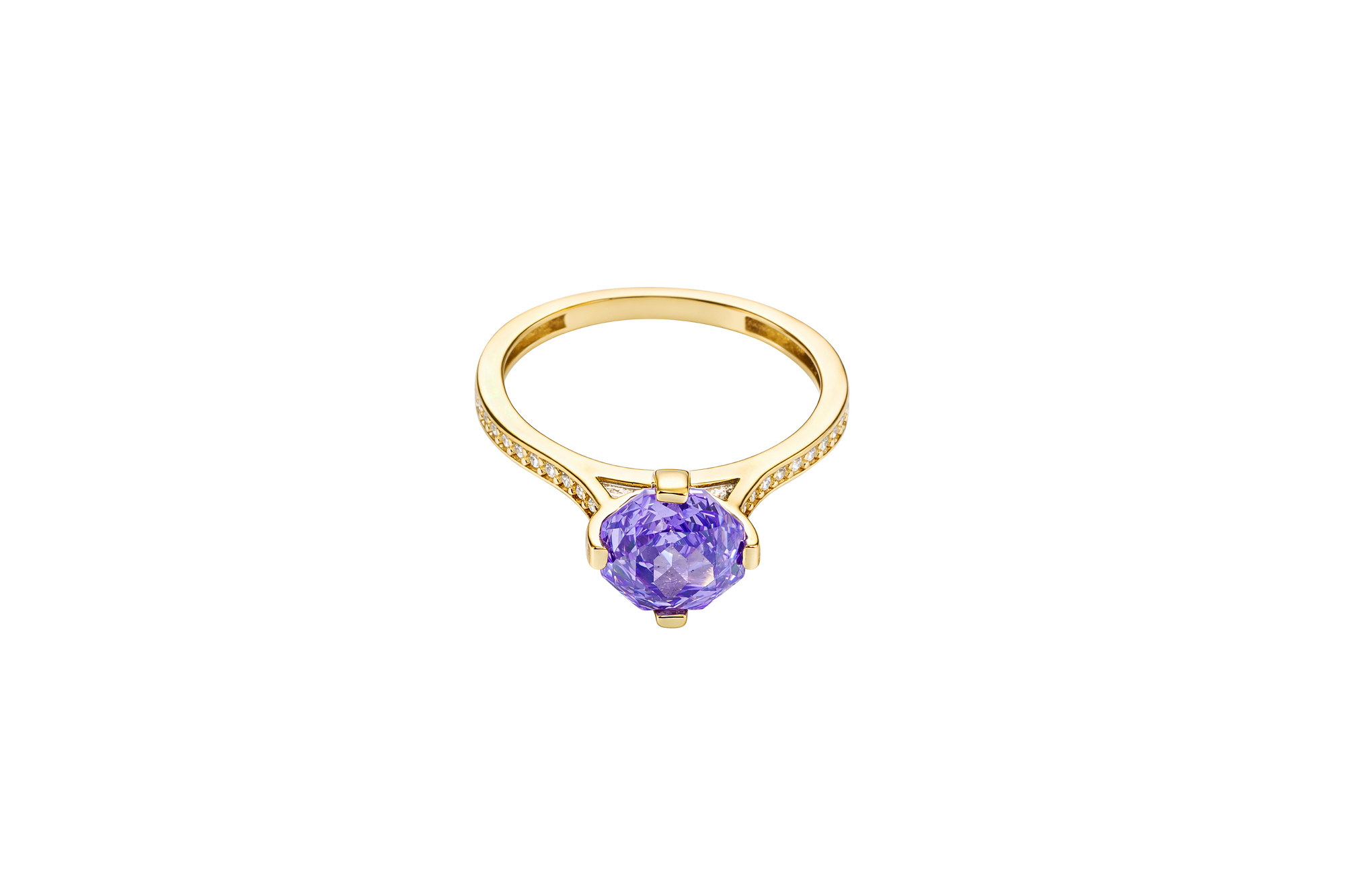 14KT Gold Women's Ring Octagon Rose Mini 4 Prong Purple CZ Center Stone with Round White Pave CZ Stone Band
