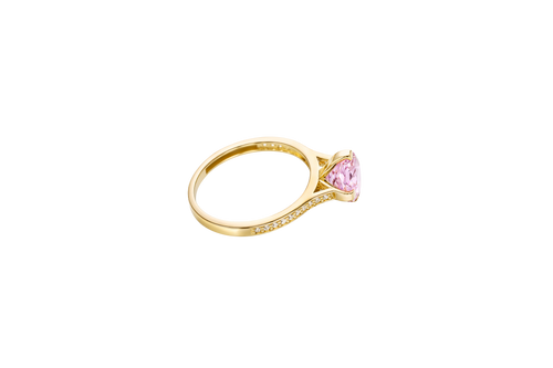 14KT Gold Women's Ring Octagon Rose Mini 4 Prong Powder Pink CZ Center Stone with Round White Pave CZ Stone Band