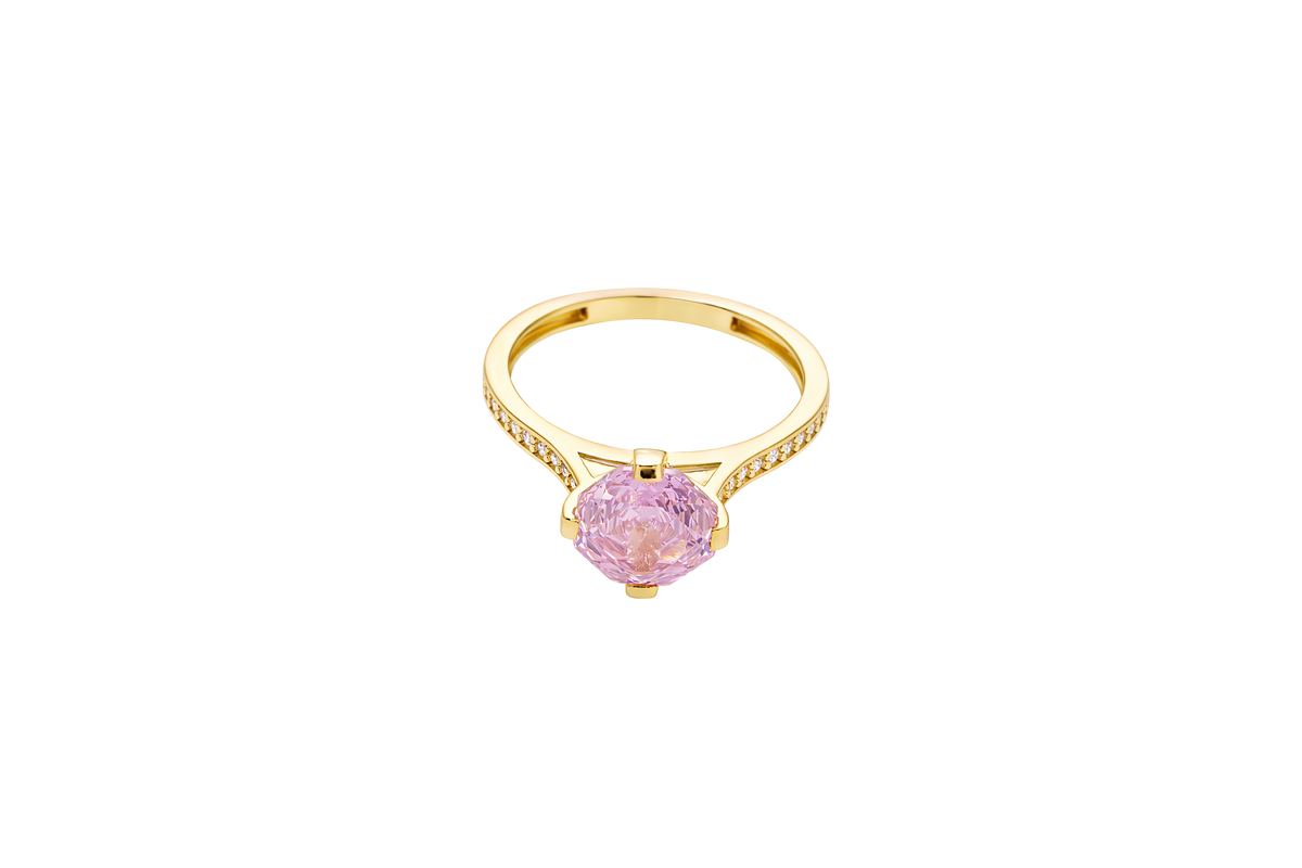 14KT Gold Women's Ring Octagon Rose Mini 4 Prong Powder Pink CZ Center Stone with Round White Pave CZ Stone Band