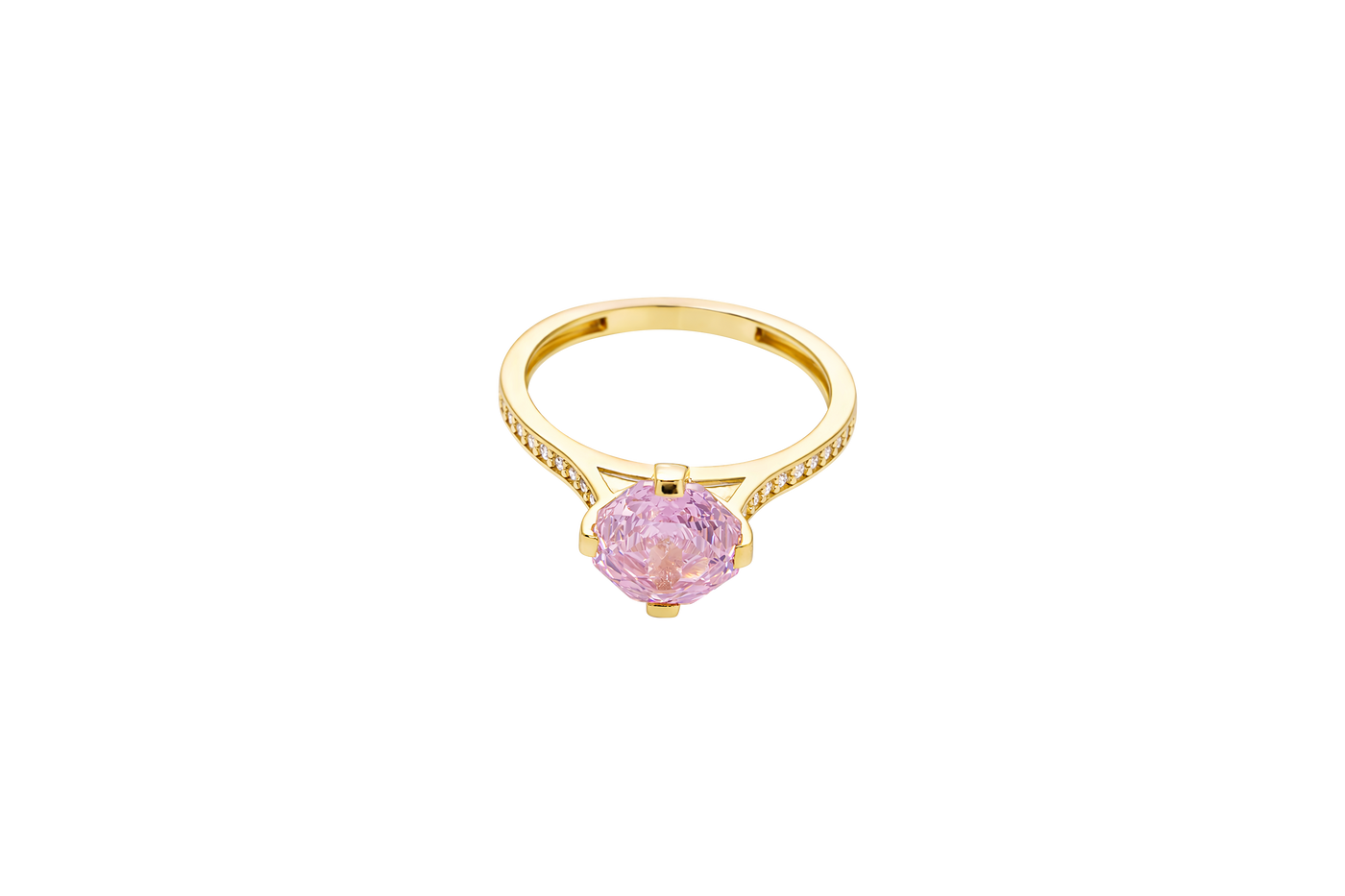 14KT Gold Women's Ring Octagon Rose Mini 4 Prong Powder Pink CZ Center Stone with Round White Pave CZ Stone Band