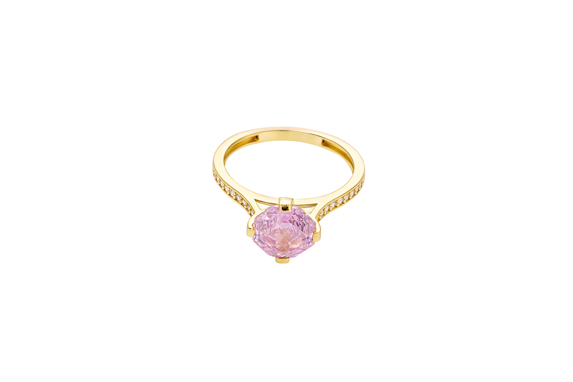 14KT Gold Women's Ring Octagon Rose Mini 4 Prong Powder Pink CZ Center Stone with Round White Pave CZ Stone Band