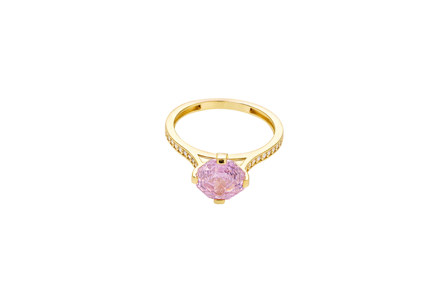 14KT Gold Women's Ring Octagon Rose Mini 4 Prong Powder Pink CZ Center Stone with Round White Pave CZ Stone Band