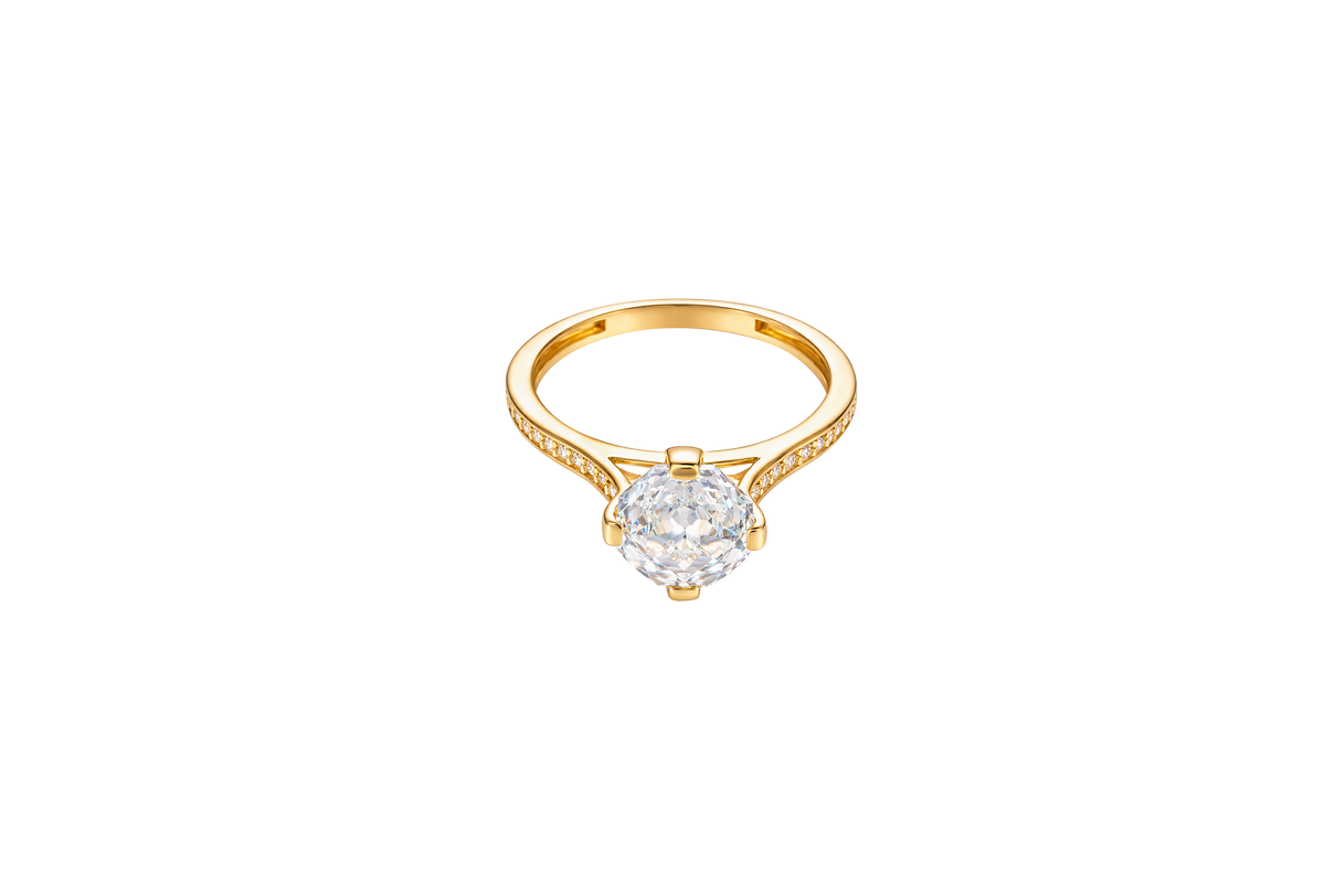 14KT Gold Women's Ring Octagon Rose Mini 4 Prong White CZ Center Stone with Round White Pave CZ Stone Band