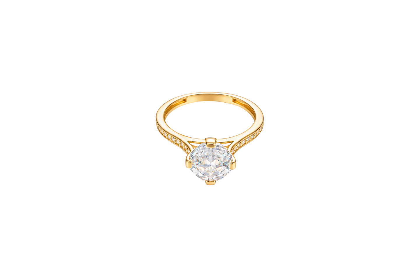 14KT Gold Women's Ring Octagon Rose Mini 4 Prong White CZ Center Stone with Round White Pave CZ Stone Band