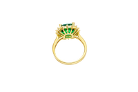 14KT Gold Ring Women's Jumbo Dark Green Square with White CZ Stones Border and Plain Bando CZ Baguettes with Single Row of Round White CZ Stones Border Band