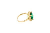 14KT Gold Ring Women's Jumbo Dark Green Square with White CZ Stones Border and Plain Bando CZ Baguettes with Single Row of Round White CZ Stones Border Band