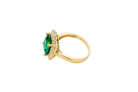 14KT Gold Ring Women's Jumbo Dark Green Square with White CZ Stones Border and Plain Bando CZ Baguettes with Single Row of Round White CZ Stones Border Band