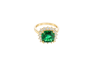 14KT Gold Ring Women's Jumbo Dark Green Square with White CZ Stones Border and Plain Bando CZ Baguettes with Single Row of Round White CZ Stones Border Band