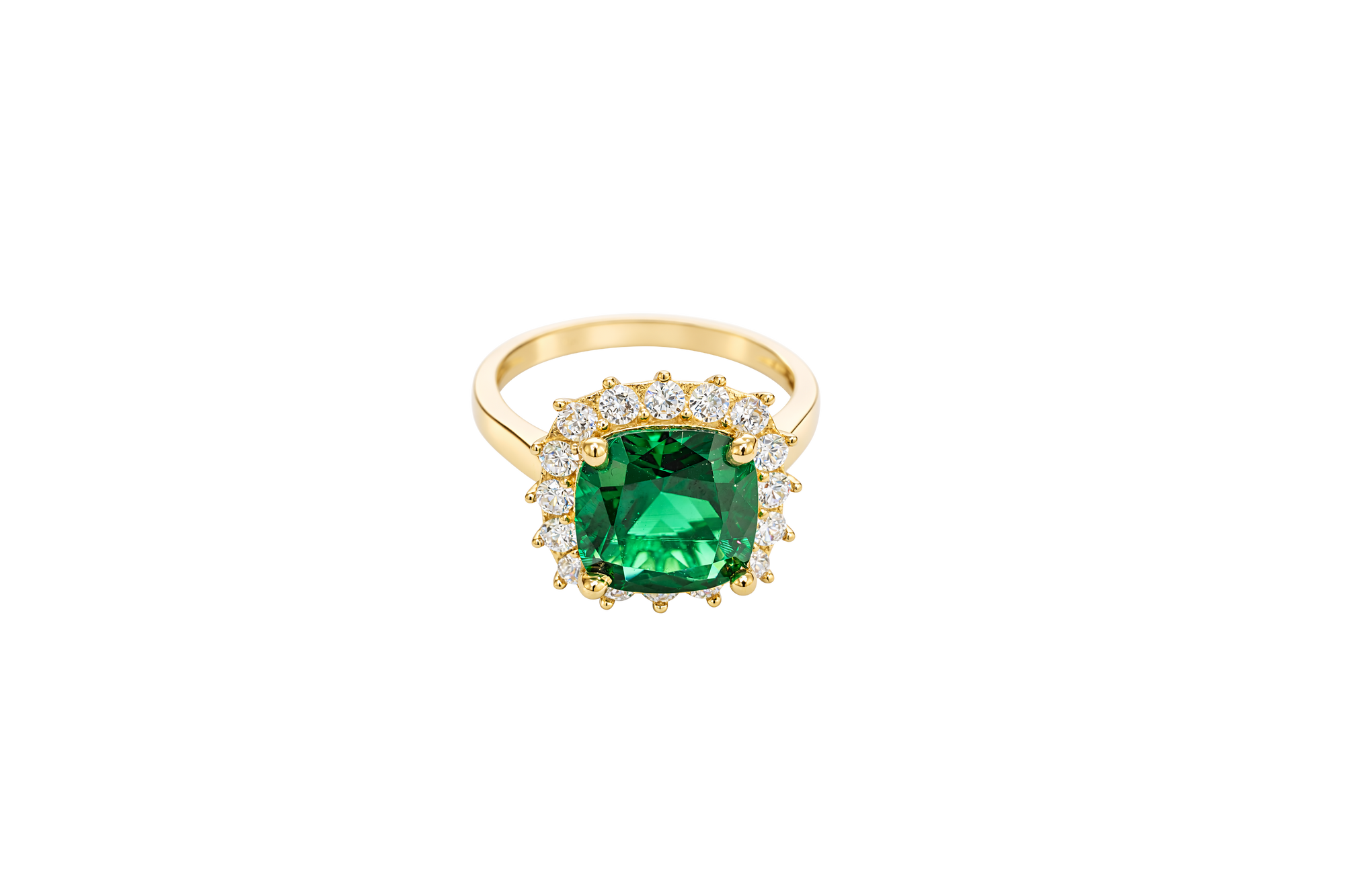 14KT Gold Ring Women's Jumbo Dark Green Square with White CZ Stones Border and Plain Bando CZ Baguettes with Single Row of Round White CZ Stones Border Band