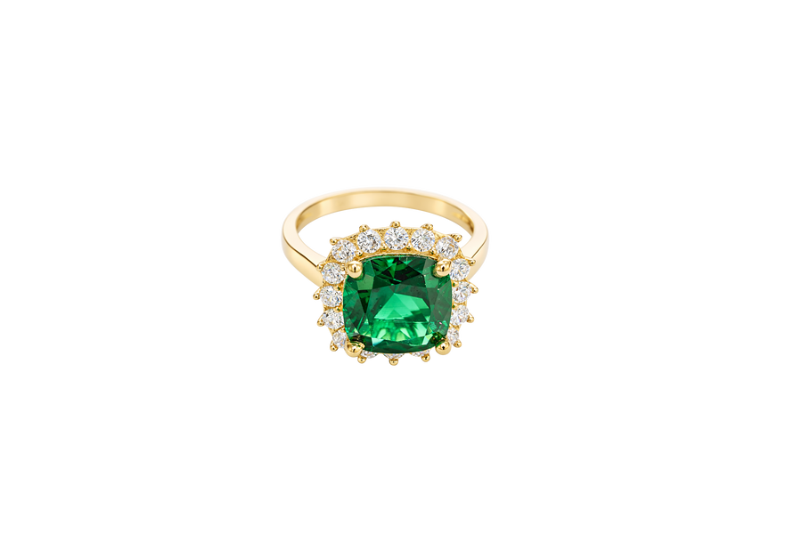 14KT Gold Ring Women's Jumbo Dark Green Square with White CZ Stones Border and Plain Bando CZ Baguettes with Single Row of Round White CZ Stones Border Band
