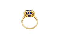 14KT Gold Ring Women's Square Jumbo Navy Blue Center CZ Stone with Round White CZ Stones Border and Plain Band