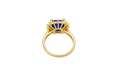 14KT Gold Ring Women's Square Jumbo Navy Blue Center CZ Stone with Round White CZ Stones Border and Plain Band