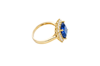 14KT Gold Ring Women's Square Jumbo Navy Blue Center CZ Stone with Round White CZ Stones Border and Plain Band