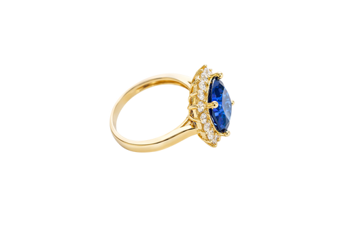 14KT Gold Ring Women's Square Jumbo Navy Blue Center CZ Stone with Round White CZ Stones Border and Plain Band