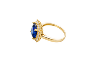 14KT Gold Ring Women's Square Jumbo Navy Blue Center CZ Stone with Round White CZ Stones Border and Plain Band