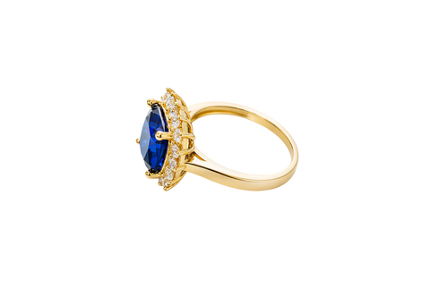 14KT Gold Ring Women's Square Jumbo Navy Blue Center CZ Stone with Round White CZ Stones Border and Plain Band