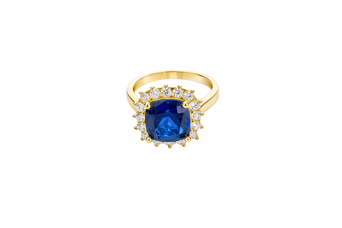 14KT Gold Ring Women's Square Jumbo Navy Blue Center CZ Stone with Round White CZ Stones Border and Plain Band