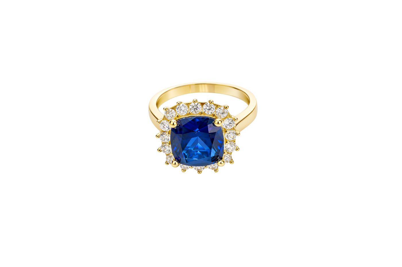 14KT Gold Ring Women's Square Jumbo Navy Blue Center CZ Stone with Round White CZ Stones Border and Plain Band