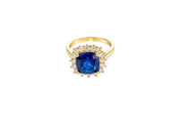 14KT Gold Ring Women's Square Jumbo Navy Blue Center CZ Stone with Round White CZ Stones Border and Plain Band