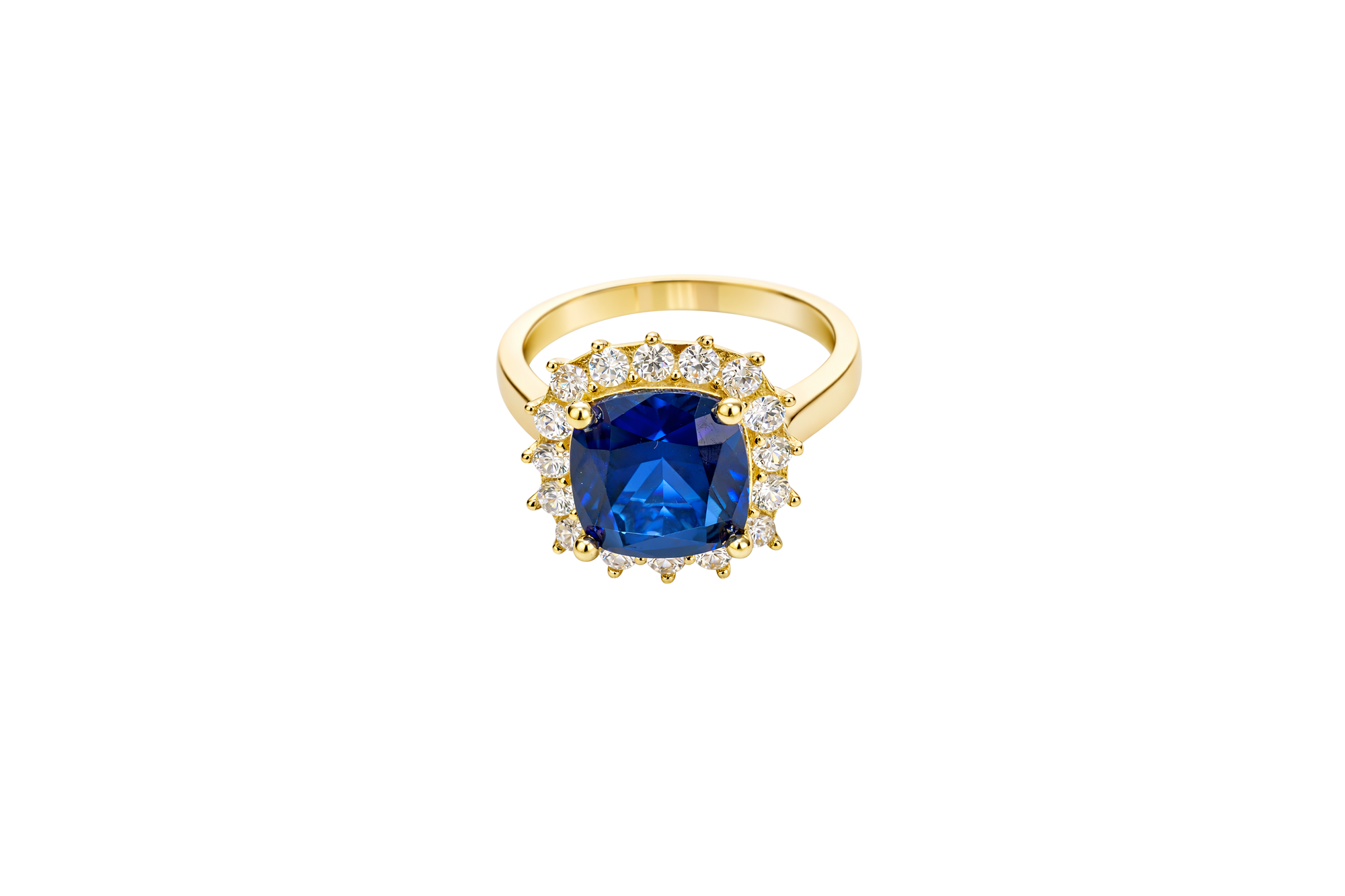 14KT Gold Ring Women's Square Jumbo Navy Blue Center CZ Stone with Round White CZ Stones Border and Plain Band