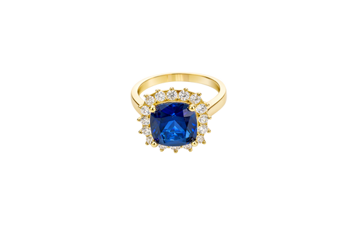 14KT Gold Ring Women's Square Jumbo Navy Blue Center CZ Stone with Round White CZ Stones Border and Plain Band