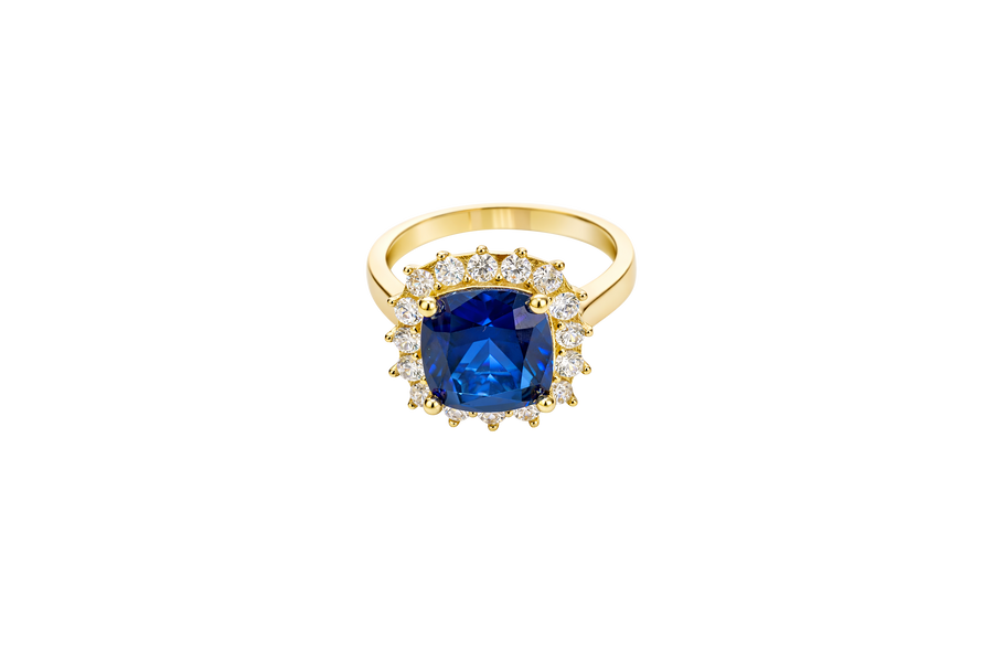 14KT Gold Ring Women's Square Jumbo Navy Blue Center CZ Stone with Round White CZ Stones Border and Plain Band