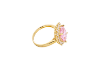 14KT Gold Women's Ring Square Jumbo Pink Center CZ Stone with Round White CZ Stones Border and Plain Band