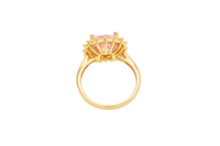 14KT Gold Women's Ring Square Jumbo Pink Center CZ Stone with Round White CZ Stones Border and Plain Band