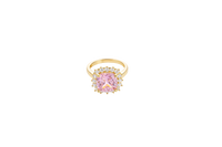 14KT Gold Women's Ring Square Jumbo Pink Center CZ Stone with Round White CZ Stones Border and Plain Band