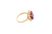 14KT Gold Women's Ring Square Jumbo Red Center CZ Stone with Round White CZ Stones Border and Plain Band