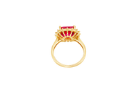 14KT Gold Women's Ring Square Jumbo Red Center CZ Stone with Round White CZ Stones Border and Plain Band