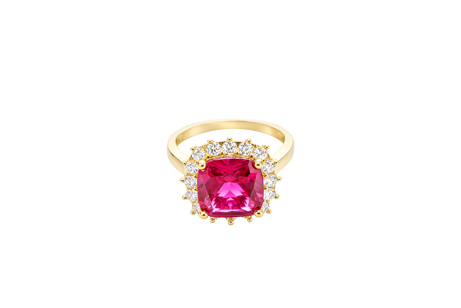 14KT Gold Women's Ring Square Jumbo Red Center CZ Stone with Round White CZ Stones Border and Plain Band