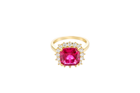 14KT Gold Women's Ring Square Jumbo Red Center CZ Stone with Round White CZ Stones Border and Plain Band
