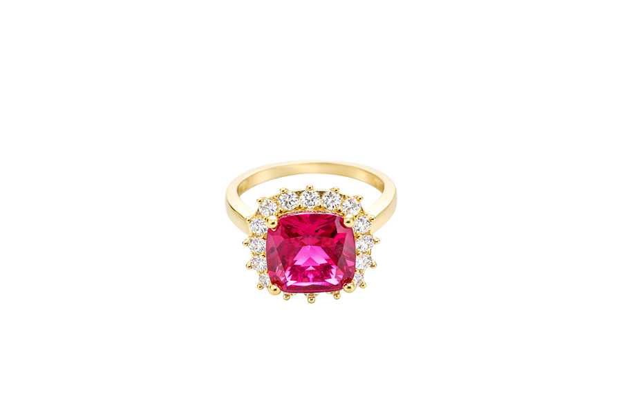 14KT Gold Women's Ring Square Jumbo Red Center CZ Stone with Round White CZ Stones Border and Plain Band