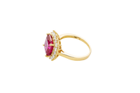14KT Gold Women's Ring Square Jumbo Red Center CZ Stone with Round White CZ Stones Border and Plain Band