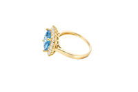 14KT Gold Ring Women's Square Jumbo Turquoise Center CZ Stone with Round White CZ Stones Border and Plain Band