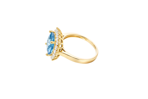 14KT Gold Ring Women's Square Jumbo Turquoise Center CZ Stone with Round White CZ Stones Border and Plain Band