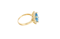 14KT Gold Ring Women's Square Jumbo Turquoise Center CZ Stone with Round White CZ Stones Border and Plain Band