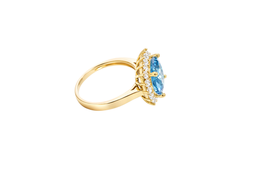 14KT Gold Ring Women's Square Jumbo Turquoise Center CZ Stone with Round White CZ Stones Border and Plain Band