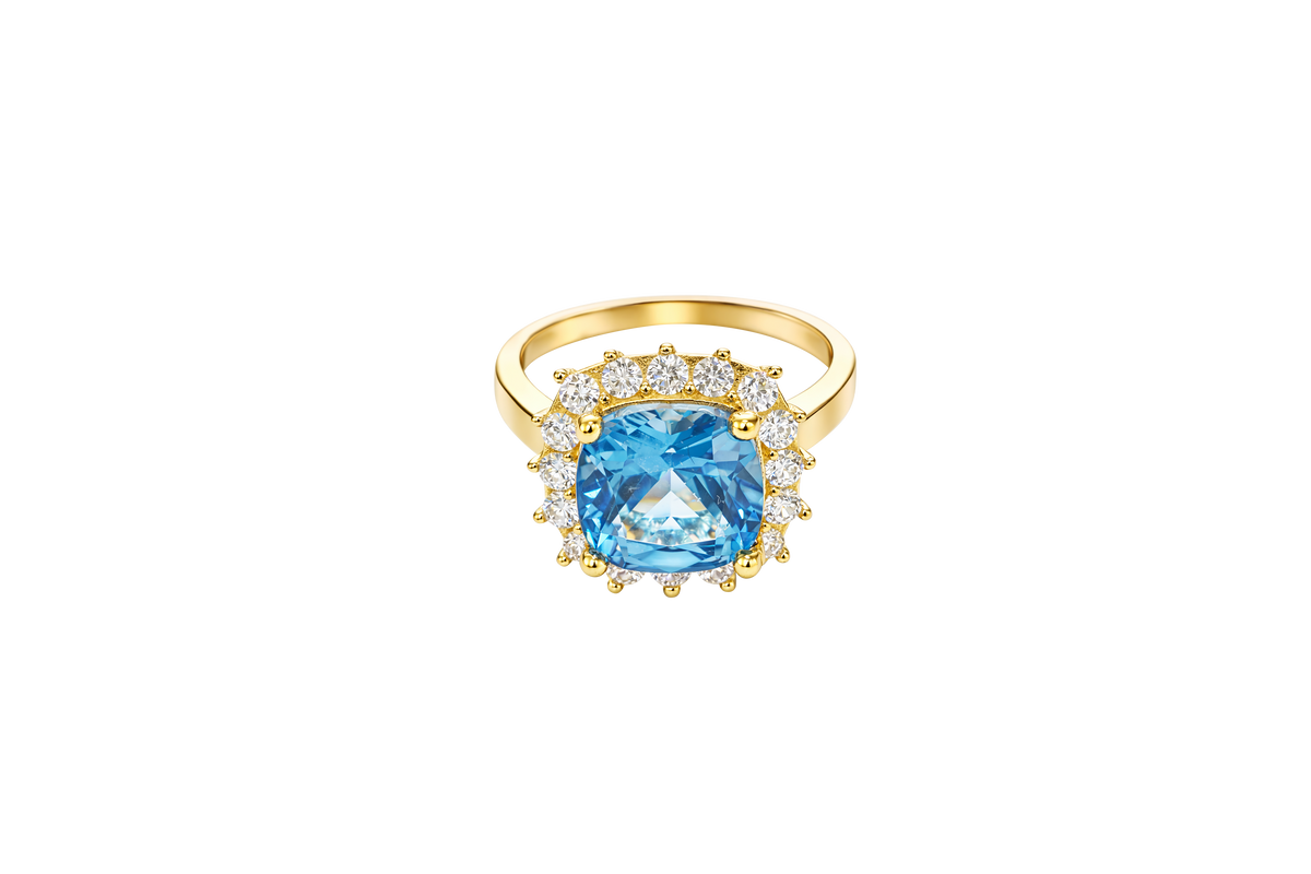 14KT Gold Ring Women's Square Jumbo Turquoise Center CZ Stone with Round White CZ Stones Border and Plain Band