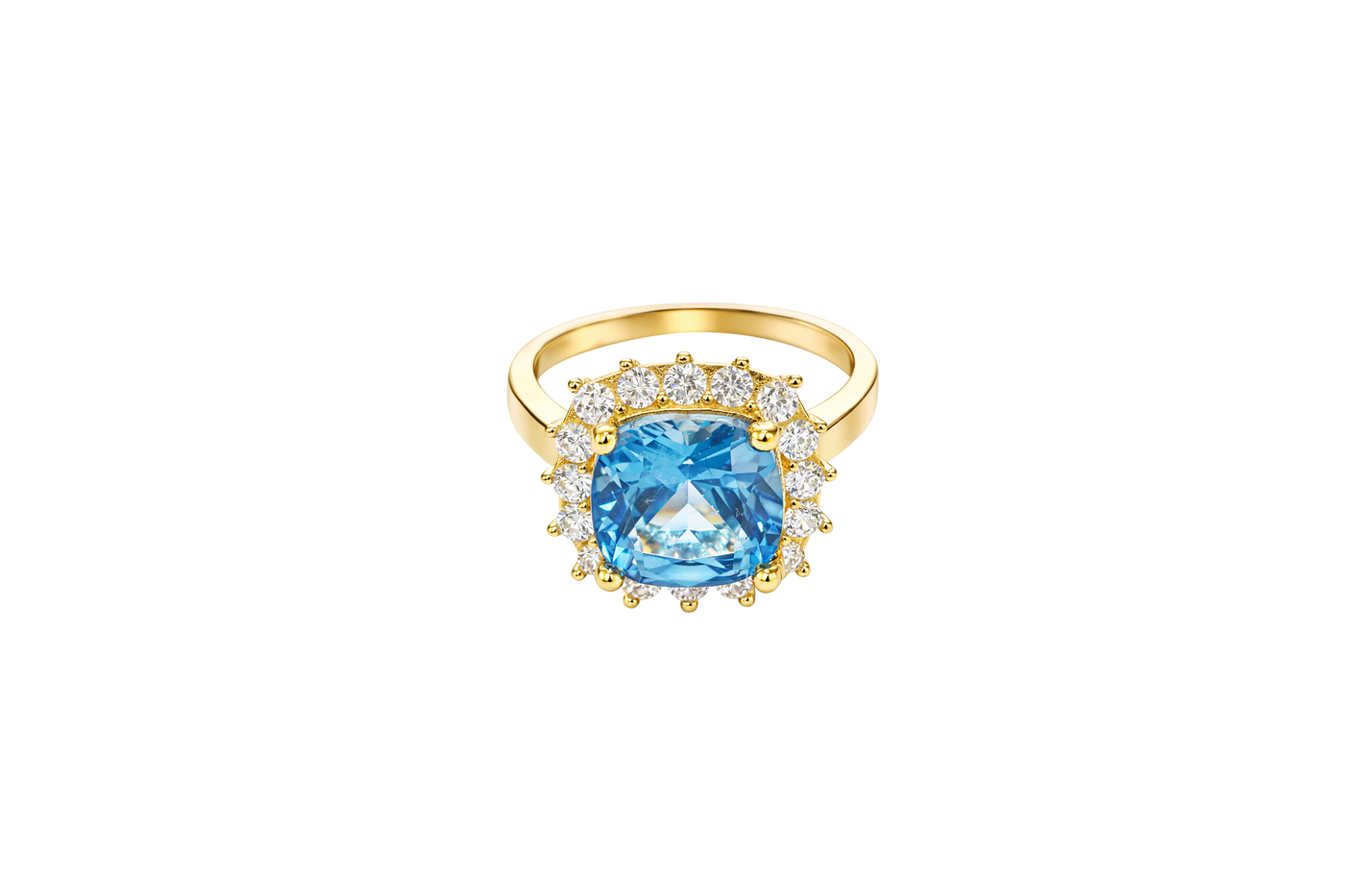 14KT Gold Ring Women's Square Jumbo Turquoise Center CZ Stone with Round White CZ Stones Border and Plain Band