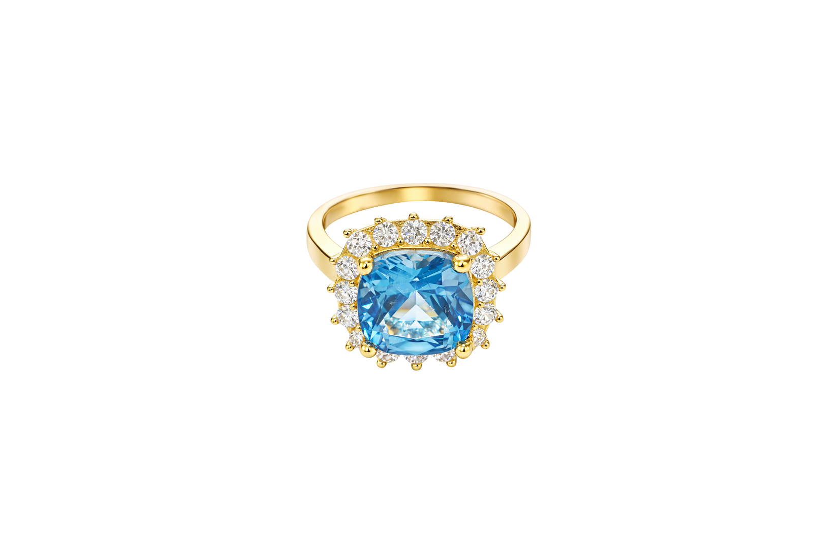 14KT Gold Ring Women's Square Jumbo Turquoise Center CZ Stone with Round White CZ Stones Border and Plain Band