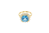 14KT Gold Ring Women's Square Jumbo Turquoise Center CZ Stone with Round White CZ Stones Border and Plain Band