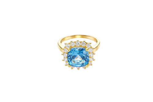14KT Gold Ring Women's Square Jumbo Turquoise Center CZ Stone with Round White CZ Stones Border and Plain Band